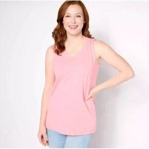 Denim & Co Essentials Texture Knit V-Neck Tank Top Size XL Flamingo Pink